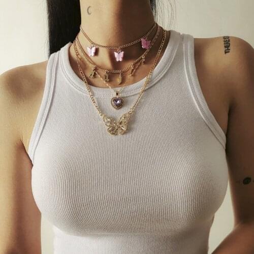 TIMEONLY Statement Multi Layering Pink Butterfly Letter Purple Heart Crystal Pendant Necklace Shinning Rhinestone for Women