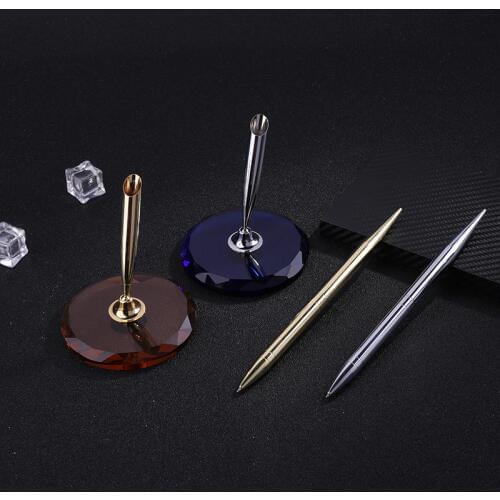 FP110 Crystal Desk Pen with Base Fix on table Counter ball Pen with Chain Finance Banking Pen metal Pen Holder Gift Set