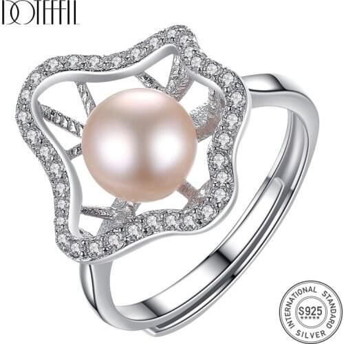 DOTEFFIL 925 Silver Zircon Ring Resizable 7.5MM Natural Freshwater Pearls Ring Disc Jewelry Women Wedding/Party/Christmas Gift