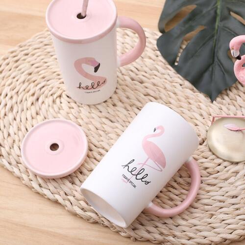 420ml Nordic Simple Cartoon Stainless Steel Straw Cup Mug Gift Green Plant Flamingo Pattern Ceramic Cup