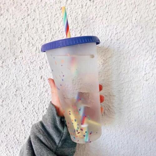 5Pcs Reusable Water Bottle Temperature Color Changing Confetti Cup With Lid And Straw Plastic Cold Cup Sport Colorful Cold Water