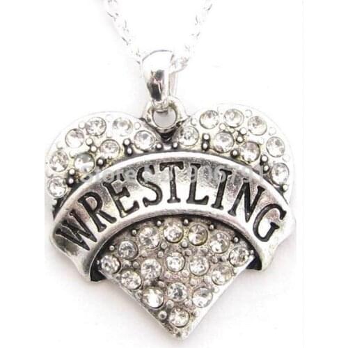 Fashion 50pcs a lot rhodium plated Wrestling crystal heart sports pendant necklace(A100052)