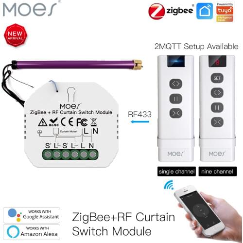 Moes ZigBee RF433 Smart Curtain Switch Module for Motorized Roller Shutter Blinds Motor 2MQTT Tuya Smart APP Alexa Google Home