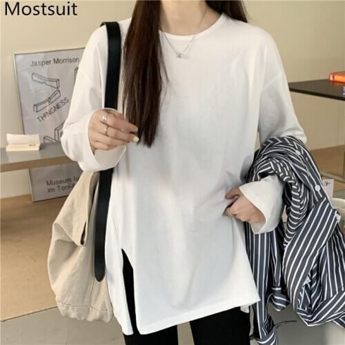 Solid Loose Women T Shirt Tops Full Sleeve O-neck Splitting Tees Casual Fashion Ladies Basic T-shirts Femme 2021