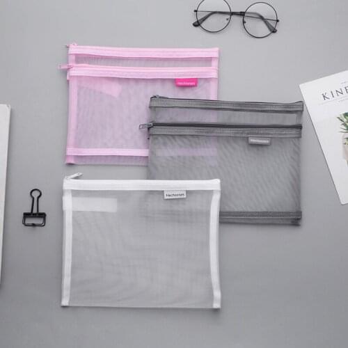A4 Thick Nylon Mesh 2-layer Zipper Storage Bag Transparent Pocket File Bag Creative Folder School Office Stationery Kawaii