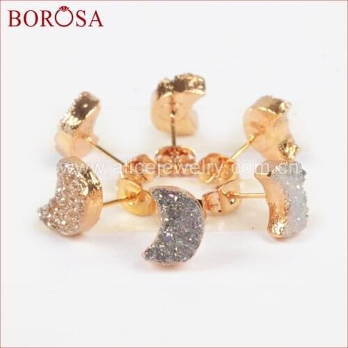 BOROSA Gold Bezel Moon Shape Multi Color Natural Stone Titanium Druzy Geode Stud Earrings Fashion Jewelry for Women G0913