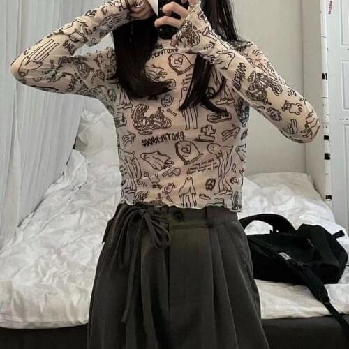 Cartoon graffiti long-sleeved mesh sunscreen tops women t-shirts 2021 summer new Korean fashion slim see-through clothes trend