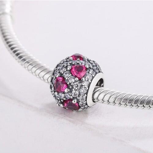 925 Sterling Silver CZ Charm Pink Crystal Heart White Zircon Beads Pendant Charm Bracelet DIY Jewelry Making For Pandora