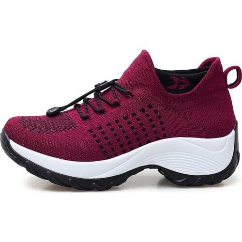 Similarfree 2021 New Shoes For Women Knit Mesh Sneakers Plus Size 42 High Heels Lace-up Outdoor Running Sport Shoes