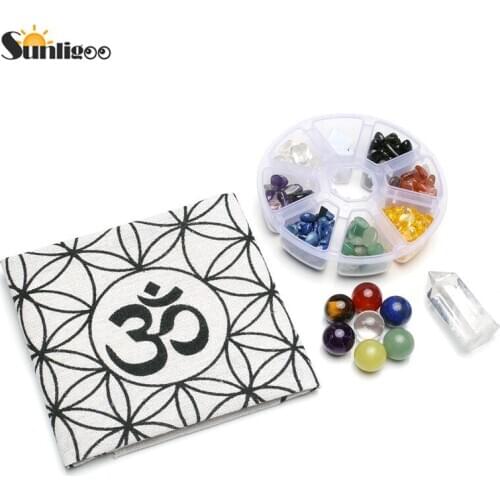 Sunligoo OM Grids Altar Cloth 7 Chakra Gemstone Beads Assorted Chip Gemstones Clear Quart Chakra Crystal Healing Grids Kit Decor