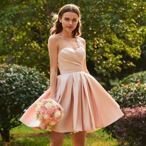 Tanpell one shoulder bridesmaid dress pink sleeveless knee length a line gown homecoming party customed short bridesmaid dresses
