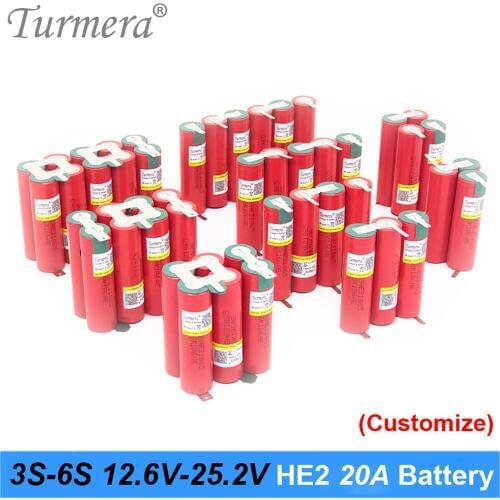 Turmera 3S 4S 5S 6S Battery 18650 HE2 2500mAh 5000mAh 20A 12.6V to 25.2V Soldering Battery for Screwdriver Shurik battery pack
