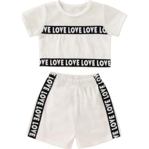 Girls Boys Unisex Summer Suit Breathable Hollow Out Net Fabric Short Sleeves Letters Print T-shirt Shorts for Running Exercise