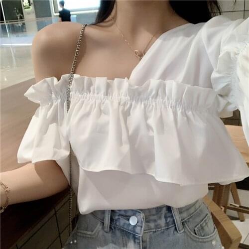 2021 Ruffle Top Womens Short Sleeve Shirt Blouse White Blusas Female Clothing Dropshipping Slash Neck Chiffon Spliced 0615