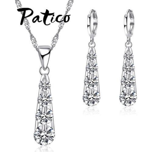 Shiny 4 CZ Crystal Water Drop Shape Jewelry Sets 925 Sterling Silver for Women Necklace/Earrings Wholesale