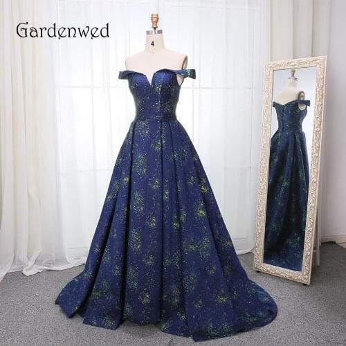 Gardenwed 2019 Deep Blue Print Elegant Evening Dress Long 2019 High Quality A Line Woman Formal Gown Dresses