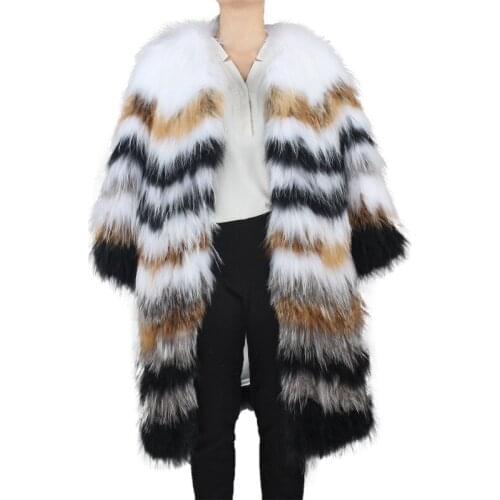 Winter Fashion Knitted Raccoon Fur Coats Femme Long Natural Fox Fur Coat Multicolor Jassen Bodywarmer Dames Outfit Traf Veste