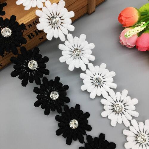 1 yard 3D Diamond Rhinestones Daisy Flower Lace Trim Embroidered French Fabric Ribbon Applique Handmade DIY Wedding Dress Sewing