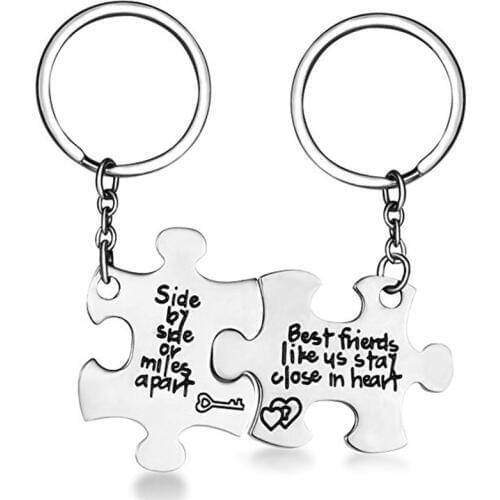 2PCS/lot Side By Side Or Miles Apart Puzzle Piece Key Chain Engraved Stainless Steel Best Friends Keychain BFF Puzzle Key Ring