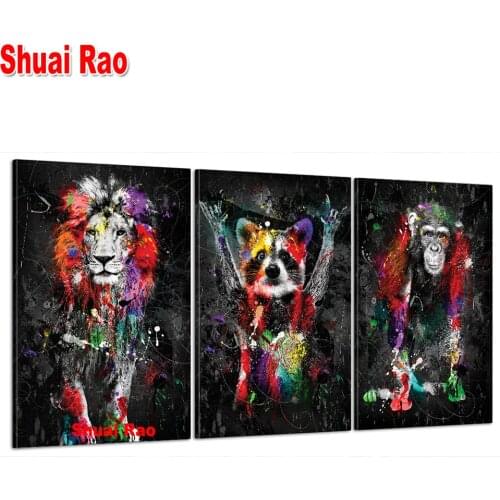 3 pieces Animals 5D diamond painting cross stitch full square round drill diy embroidery triptych Colorful Lion Raccoon Monkey