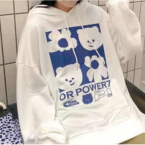 White Cartoon Print Drawstring Hoodies Women Long Sleeve Casual Korean Japanese Fashion Sweatshirt Tops Thin Autumn Pullovers