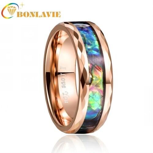 BONLAVIE Tungsten Carbide Ring 8MM Width Tungsten Steel Ring 2.3MM Thick Plating Rose Gold Batch Flower Inlaid Abalone Shell