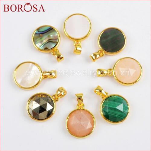BOROSA 10PCS Natural Round Multi-kind Faceted Stones Pendant Gold Bezel Abalone Shell Opal Pendants for Earrings WX984