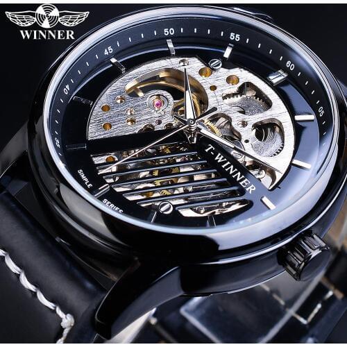 Winner Fashion Sports Mechanical Watch Male Automatic 3D Black Analog Genuine Leather Belts Men Watches Clock Relogio Masculino