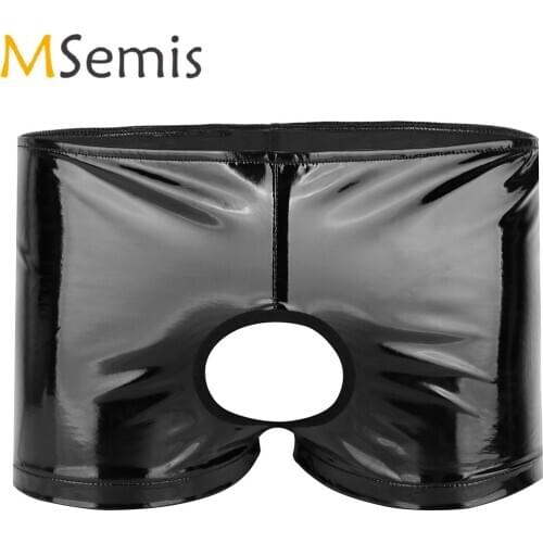 Black Mens Lingerie Open Crotch Underwear Soft Shiny Patent Leather Open Butt Low-rise Shorts Underpants with Front Hole