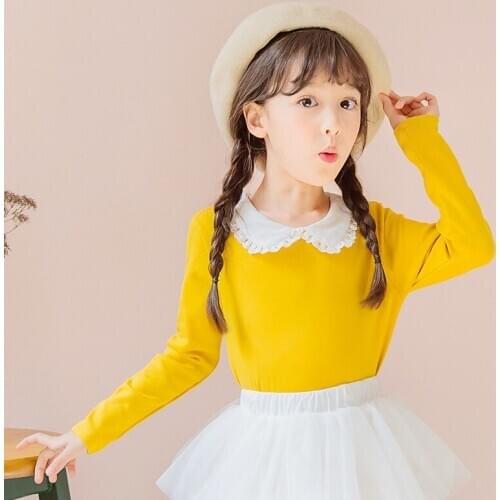 Spring Autumn Girls Long Sleeve Tops T shirt Solid Peter Pan Collar Cotton Baby Kids T-shirts Casual Children Clothing LZ578
