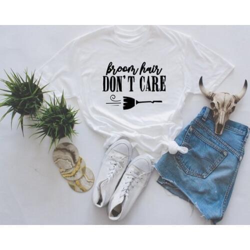 Broom hair don't care Tumblr Letter T-Shirt Hipster Halloween Graphic Tee 90s Young Slogan Witch Tops White Popular t shirts