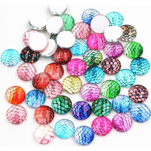 50pcs 8mm and 10mm 12mm-25mm Fish scale Mixed Handmade Glass Cabochons Pattern Domed Jewelry Accessories Supplies