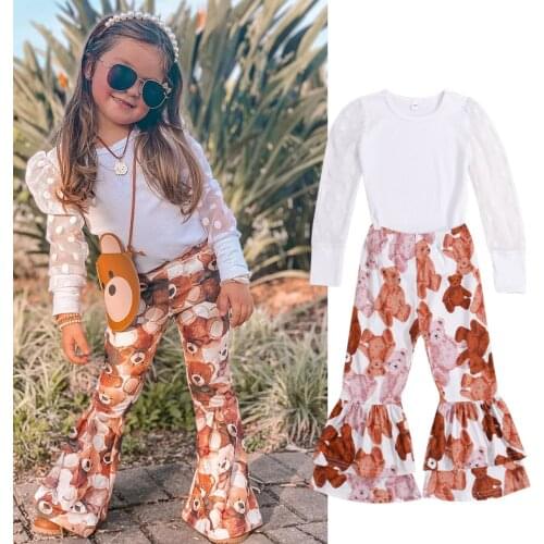 FOCUSNORM Autumn Fashion Kids Girls Clothes Sets 2pcs Mesh Long Sleeve Tops Cartoon Bear/Leopard Printed Flare Pants 1-6Y