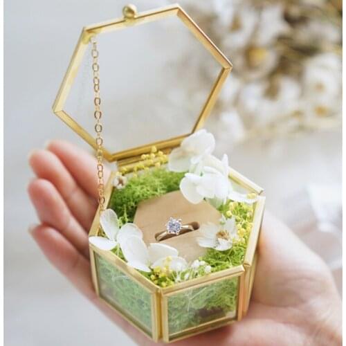 Preserved green Flower Ring bearer pillow Glass Gold Ring box Ring holder Wedding bearer Vintage Bridal Wedding glass holder