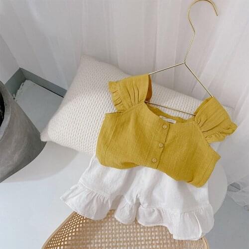 Korean Style Summer New Kids Baby Doll Collar Sunflower Baby Clothes Outfit 100% Cotton Linen Soft Shorts Girls Clothing Sets