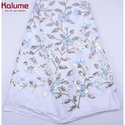 Kalume Pure White African Velvet Lace Fabric Embroidery Sequins French Velvet Lace Fabric For Nigerian Wedding Party Dress 2084