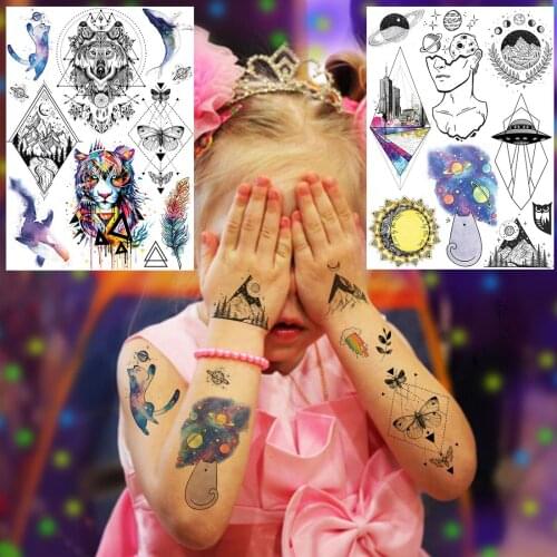 Lovely Geometric Wolf Space Temporary Tattoos Sticker For Daughter Son Kids Realistic Fake Waterproof Tatoos Paste For Holiday