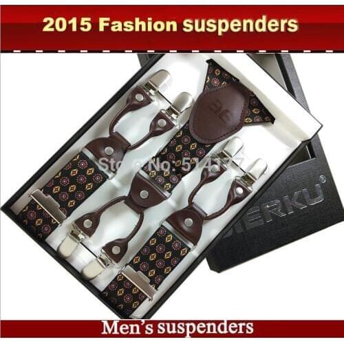 2019 Fashion Mens suspenders Genuine leather Jacquard mens trouser braces 6 clips adult suspensorio tirantes hombre bretelles