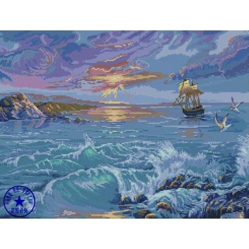 Top Quality popular hotselling counted cross stitch kit ocean waves rough sea and boat ship