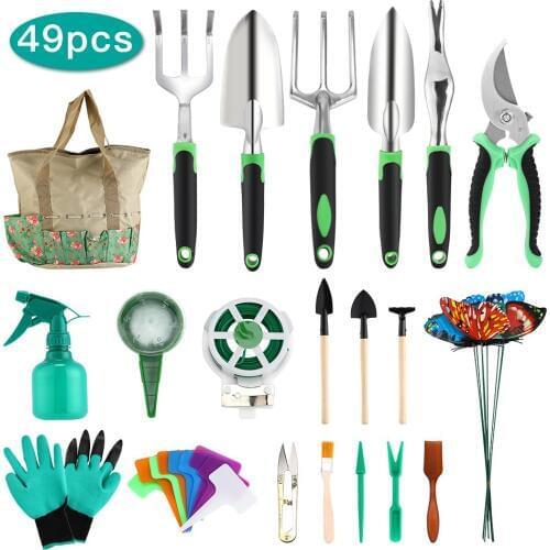 49 Pcs Garden Tools Set,Gardening Tools Aluminum with Soft Rubberized Non-Slip Handle Tools with Durable Storage Tote Bag