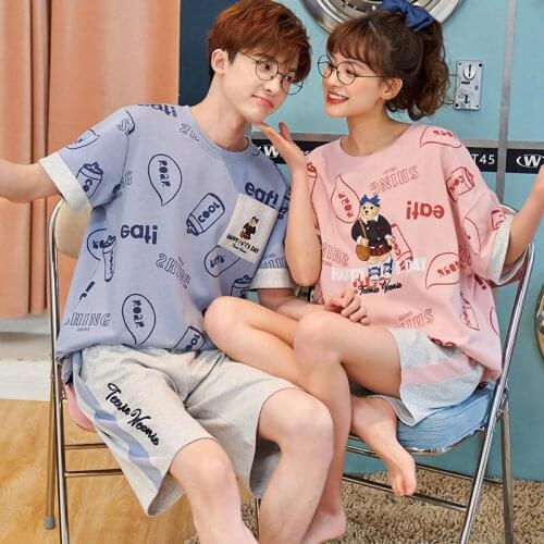 Kawaii Cartoon Couples Pajamas Sets Summer Cotton Short Sleeve Nightwear Plus Size Loose Men Casual Outdoor Sleepwear Homewear