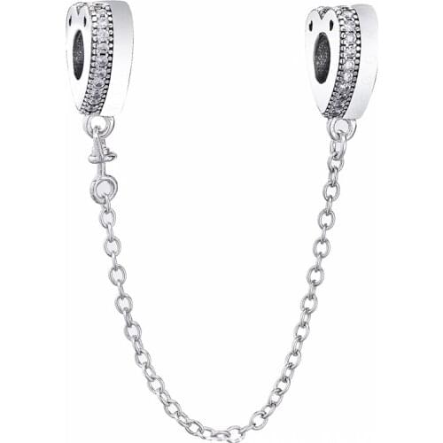 Genuine 925 Sterling Silver Charm Sparkling Arcs Of Love With Crystal Safety Chain Fit Pan Bracelet & Necklace Diy Jewelry