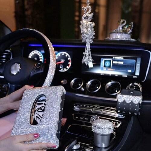 Bling Crystal Ornament Car Pendant Women Girl Rhinestone Car Ashtray Phone Holder Steering Wheel Cover Diamond Tissue Box in Car