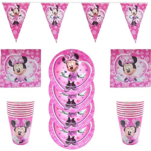 Minnie Mouse Theme Disposable Tableware Cup Plate napkin Tablecloth Birthday Party Girl Party Decoration Dinner Set Supplies