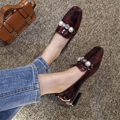 Pearl Square Toe Genuine Leather Shoes Women Autumn Oxford Shoes For Women Slip On Crystal Ladies Shoes High Quality