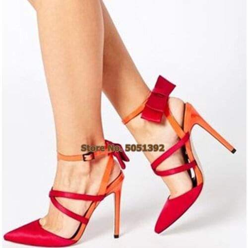 Thin High Women Sandals Pointed Toe Mixed-Colors Butterfly-Knot Cross-Tied Stiletto Heel Pumps Sexy Bowtie Sexy Sweet Shoes