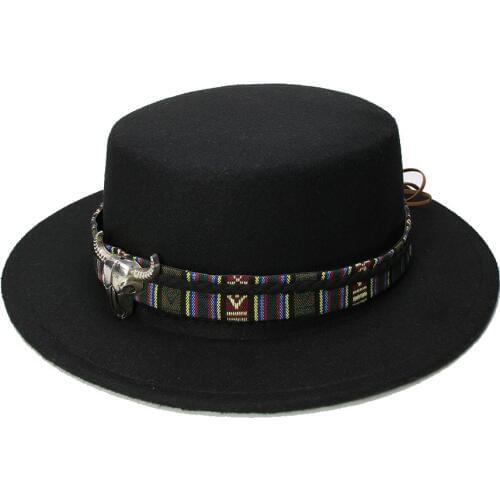 LUCKYLIANJI Retro Women Men Vintage 100% Wool Wide Brim Cap Pork Pie Porkpie Bowler Hat Cow Head Leather Band (57cm/Adjusted)
