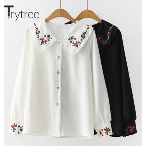 Ttytree Autumn Blouses Casual shirt Women Peter Embroidery pan Ruffles Collar Single-breasted Office Lady Floral Tops Shirts