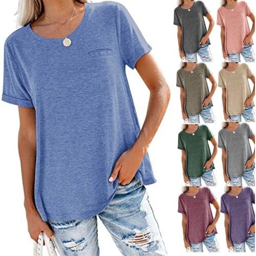Ladies 2021 plus-size round neck pocket loose loose solid color casual all-match short-sleeved T-shirt