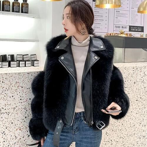 2021 Autumn Winter Women Leather Thicken Warm Short Motorcycle Fox Fur Jacket Coats Female Fluffy Pockets Faux Fur Outwears